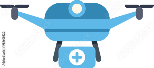 Blue drone carrying a first aid kit, symbolizing emergency medical delivery