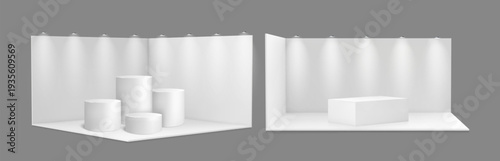 3D booth mockup with clean white walls, empty space and cylindrical podiums, Vector set isolated on tarnsparent background. Exhibition room box, product displays with realistic corner perspective