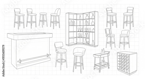 Sketch of a bar interior with stools and shelves.