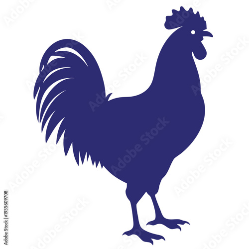 Silhouette of a rooster is depicted in solid indigo over a clean white surface