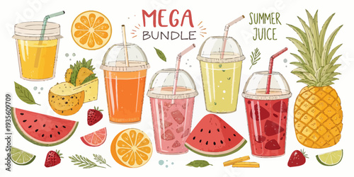 Vibrant summer juices and refreshing fruits in colorful illustration
