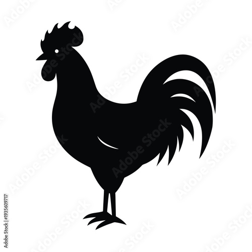 A bold monochrome chicken silhouette stands prominently against a clean, crisp white background