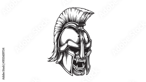 Ancient Spartan helmet illustration with crest and dramatic line art.