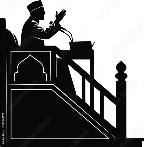 Imam speaking at mosque pulpit with gesture