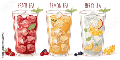 Refreshing glasses of peach, lemon, and berry tea with ice cubes