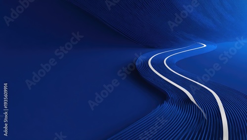 Winding blue lines with a bright path curve into the distance