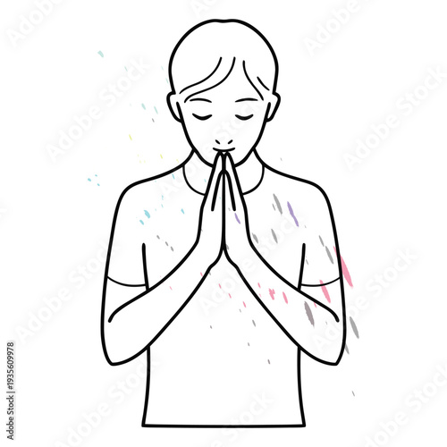 Line art illustration of a person with hands pressed together, confetti falling, representing hope and playful wishes.