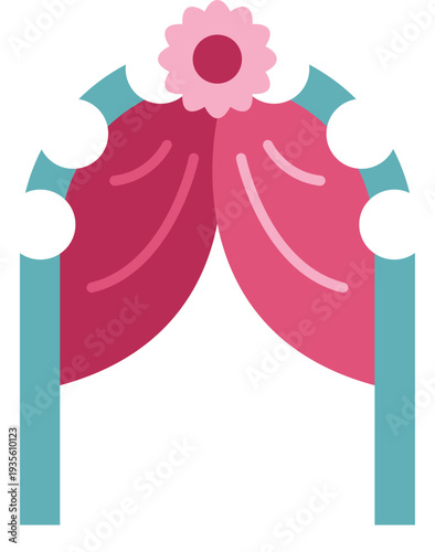 Wedding arch with pink draping and a flower icon representing celebration