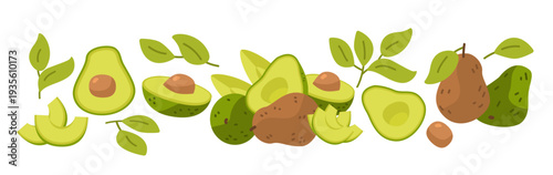 Healthy Organic Avocado Collection Flat Vector Illustration. Sliced Avocado Pieces and Whole Fruit for Food Design