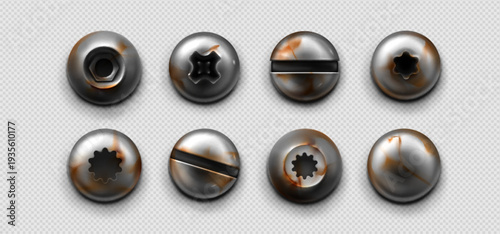 Metal screws and bolt heads collection with rusty textures, realistic vector srt isolated on transparent background. Industrial steel elements different heads, steel rivets, and vintage nail design
