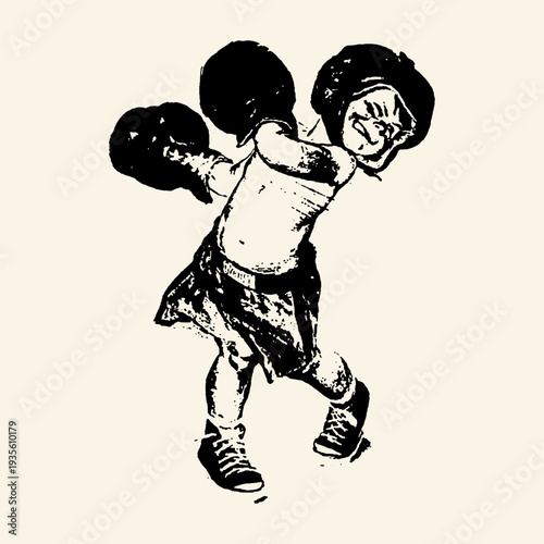 Young Child Boxing Gloves Helmet Punching Bold Ink Stencil Art