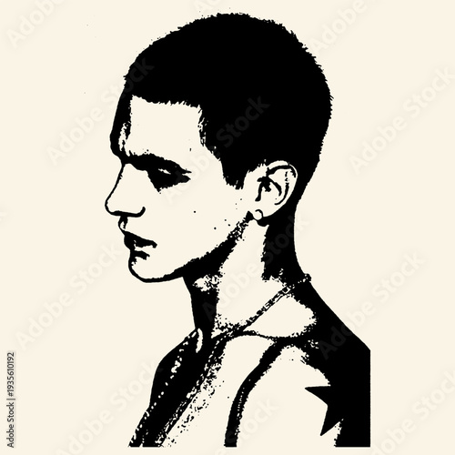 Side Profile Portrait Short Hair Earring Bold Ink Stencil Art