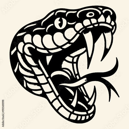 Viper Snake Head Open Mouth Fangs Bold Traditional Tattoo Art