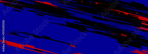 Dynamic blue sport background with black halftone pattern, red accents and abstract speed lines, vector banner. Energetic motion effect with grunge texture for athletic events design, presentations.