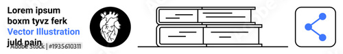 Education, anatomy studies, social media sharing, online learning, medical symbol, information sharing. Stack of books, heart diagram and connection icon. Education and anatomy studies concept