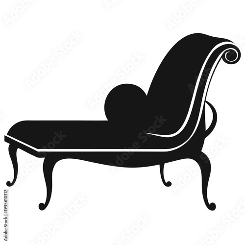 Ornate chaise lounge displays scrolled armrests and elegantly curved cabriole legs in stark silhouette