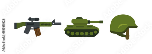 Military Equipment Icon Set with Rifle Tank and Helmet Flat Vector