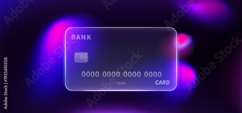 Glass credit card on glowing neon gradient background, abstract vector banner. Futuristic bank payment design with transparent texture, chip and card number