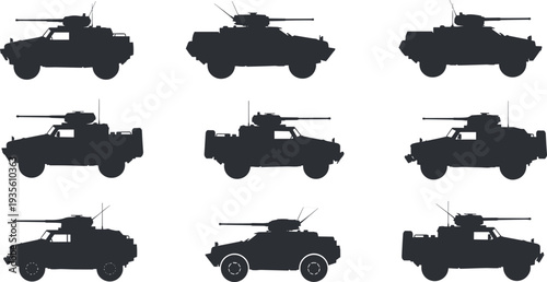 Black silhouette vector illustration set of nine armored military vehicles including tanks, combat trucks, armored carriers, war machines, defense transport icons arranged in grid design.