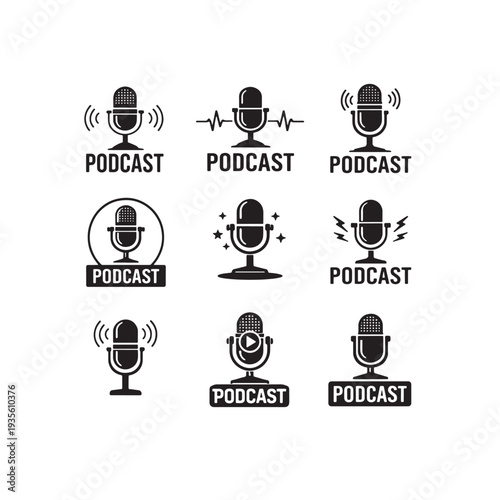 Mic podcast logo broadcast icon sound wave voice technology outline design.