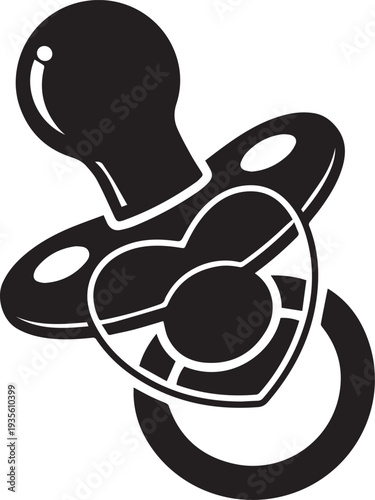 Black vector pacifier with heart shaped shield isolated on transparent background