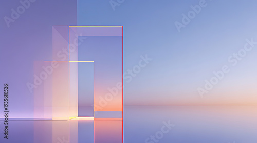 Exhibition stand background featuring blue and orange color scheme and glass texture products