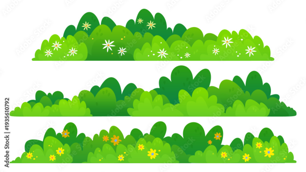 custom made wallpaper toronto digitalGreen bush border cartoon vector illustration isolated on white background. Spring plant with blooming color flowers, natural garden hedge, park or forest design elements, summer landscape shrub