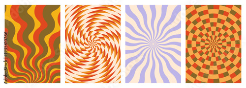 Groovy swirl pattern, abstract vector background. Funky spiral banner set with psychedelic texture, retro cards with radial distorted lines, wavy strips, trippy twisted graphic design in vintage color