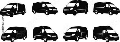 Collection of black van silhouettes showcasing diverse vehicle shapes and styles, ideal for transport, automotive, travel, fleet, and graphic design projects