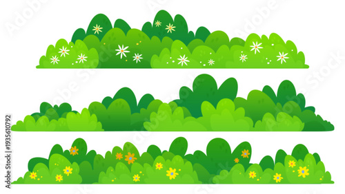 Green bush border cartoon vector illustration isolated on white background. Spring plant with blooming color flowers, natural garden hedge, park or forest design elements, summer landscape shrub