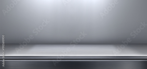 Steel kitchen counter with shiny metal surface. Modern 3D realistic vector background for product display. Empty glossy countertop in grey tones with steel texture and clean design.