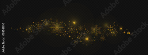 Golden snowflake border, elegant winter abstract pattern isolated on dark transparent background. Festive snow ornament, decorative element for holiday greeting cards, Christmas banner design