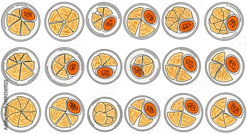 Roti Canai and Curry Sauce Illustration Set, Crispy Indian Flatbread Vector Graphics, Singapore Roti Prata Top View Icons for Menu Design
