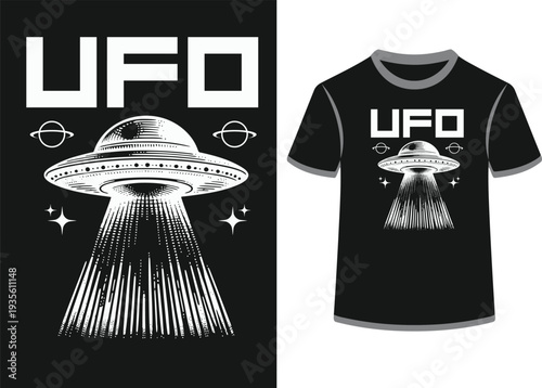 UFO design concept with a flying saucer and planets on a dark background ideal for t-shirt print