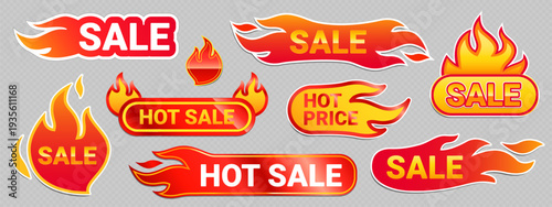Hot sale fire badges with burning flame, realistic vector icons isolated on transparent background. Special deal red tags with fire for promotion events. Bright sticker design for discount offers