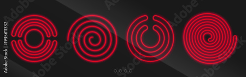 Neon red spiral induction hobs glowing on black background. Vector realistic illustration of heating cooktop surface icons, electric range elements with radial wave pattern, warm temperature signal