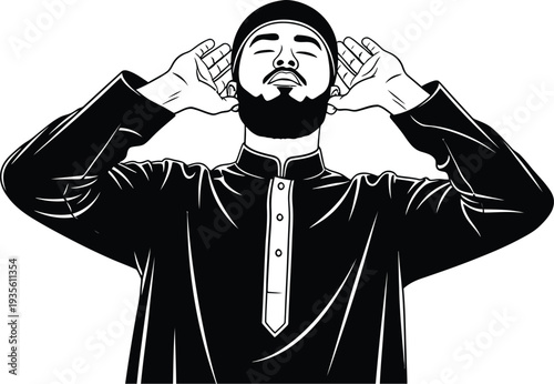 Man in traditional attire covering his ears with hands in frustration