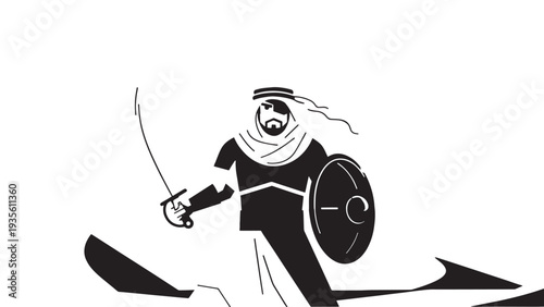 Minimalist silhouette of a medieval warrior with shield and sword illustration.
