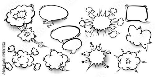 Comic book speech bubbles with pop art sound effect and halftone. Cartoon cloud doodle icons, empty speach frames, comix design templates vector set isolated on white background
