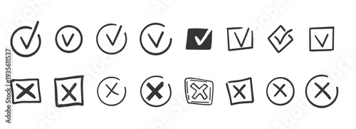 Check mark doodle icon set. Checkmarks and confirm. Ok, yes sign for agreement, done. tick. Cross signs for checkbox, checklist, v in sketch.