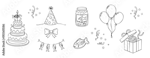 Cat birthday celebration items doodle outline