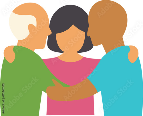 Three diverse adults standing together in a comforting and supportive group hug