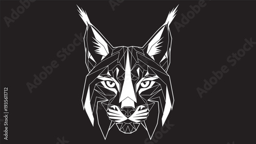 Elegant monochrome line art illustration of a lynx head facing forward.