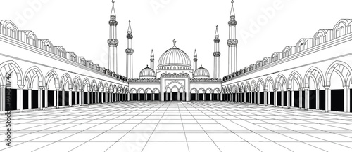 Majestic mosque interior with arches and minarets in black and white