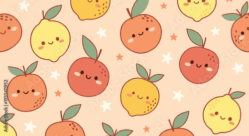 Colorful cartoon apples and lemons with smiling faces on soft peach background with stars whimsical fruit pattern vibrant illustration
