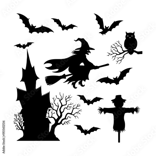 Halloween decorations in silhouette flying witch