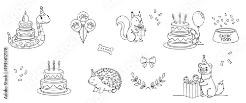 Birthday celebration with cute exotic animals and cake