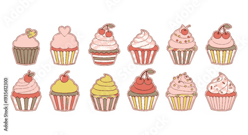Assorted colorful cupcakes with decorative frosting and toppings arranged in two rows on a white background perfect for bakery or dessert