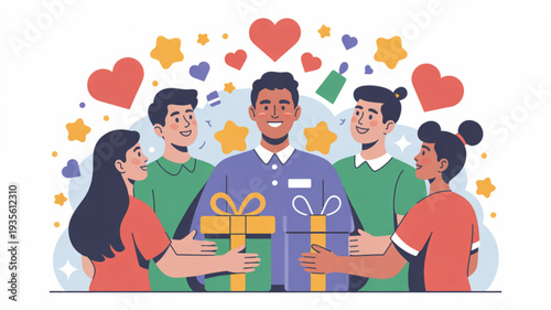 Diverse group of friends giving and receiving gifts with hearts and stars celebrating friendship and appreciation in a colorful festive scene