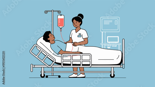 Nurse attending to patient in hospital bed with IV drip, viewed from the side in a healthcare setting